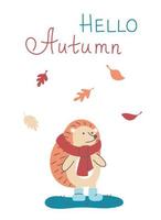 Cute little hedgehog with mushroom basket and clouds. Autumn greeting postcard. Hello Autumn. vector