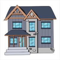 Red brick house with attic and veranda. Hand drawn colored vector illustration.