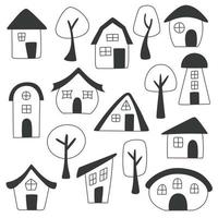 Set of hand drawn houses and trees on white background. Doodle home set. Vector illustration.