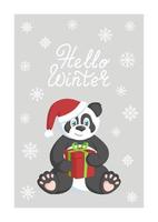 Winter card with panda in santa hat with red gift box and hello winter text. vector