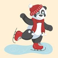 un lindo panda de invierno con un sombrero rojo y una bufanda está patinando en un lago congelado. estilo dibujado a mano. ilustración vectorial