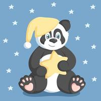 Cute panda in hat with yellow star. Good night concept. vector