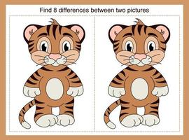 Find the difference game for kids with a cute tiger. An educational activity with a funny tiger. Printable sheet with cute characters. vector