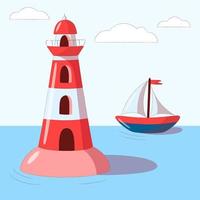 Element of marine landscape. Vector illustration with lighthouse, sea, ship and sky with clouds in flat style.