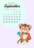 plantilla de calendario de pared para septiembre de 2022. año del tigre al calendario chino oriental. lindo personaje en diseño plano.