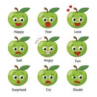 Set of vector icons with different moods of green apples. Infographic emotions for children. Happy, fear, love, sadness, anger, fun, surprise, crying and doubt emotions on white.