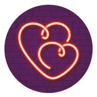 Neon glowing two hearts on a purple brick wall. Valentine's day concept. vector