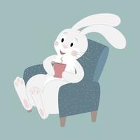 A cute white rabbit sits in a chair and drinks hot cocoa from a red mug. Cartoon character on a New Year background. Vector illustration.