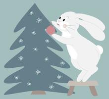 A cute white rabbit decorates the Christmas tree with a red ball. Cartoon character on a New Year background. Vector illustration.