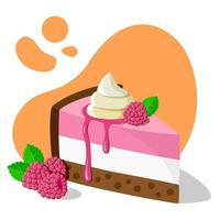 Sweet cake with cream and raspberries on top on a blue background. Flat vector design. Vector illustration.