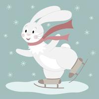 Cute white rabbit with a red scarf on skates. Cartoon character on a New Year background. Vector illustration.