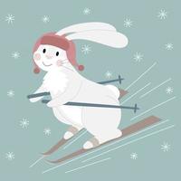 Cute white rabbit in a red hat skiing. Cartoon character on a New Year background. Vector illustration.