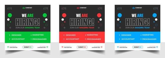 We are hiring job vacancy social media post banner design template with green, red and blue color. We are hiring job vacancy square web banner design. vector