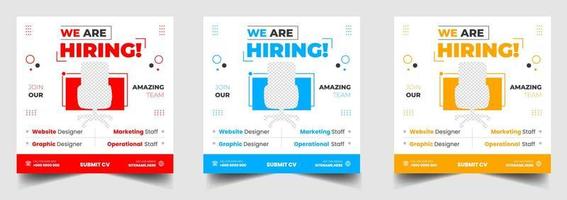 We are hiring job vacancy social media post banner design template with red, yellow and blue color. We are hiring job vacancy square web banner design. vector