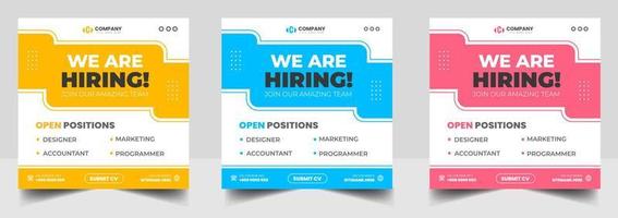 We are hiring job vacancy social media post banner design template with red, yellow and blue color. We are hiring job vacancy square web banner design. vector