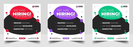 We are hiring job vacancy social media post banner design template with green, red and purple color. We are hiring job vacancy square web banner design. vector