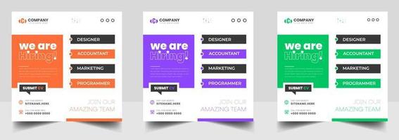 We are hiring job vacancy social media post banner design template with green, orange and purple color. We are hiring job vacancy square web banner design. vector