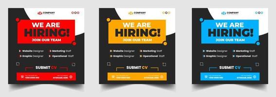 We are hiring job vacancy social media post banner design template with red, yellow and blue color. We are hiring job vacancy square web banner design. vector