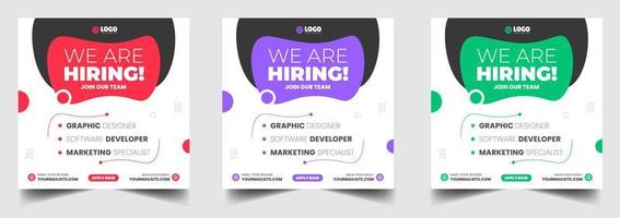 We are hiring job vacancy social media post banner design template with green, red and purple color. We are hiring job vacancy square web banner design. vector