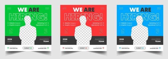 We are hiring job vacancy social media post banner design template with green, red and blue color. We are hiring job vacancy square web banner design. vector