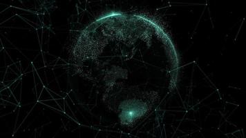 globalizzazione astratta della terra tecnologica in grafica animata 3d, tecnologia terra 4k, connessione di rete globale e concetto di connessioni dati. globo astratto con particelle e struttura del plesso