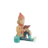 3d personaje de otoño sentarse leyendo libro 3d render png