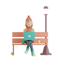 Trabalho de personagem de outono 3d com laptop sentado na cadeira de parque 3d render png