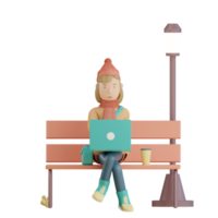 3d autumn character work with laptop sit in park chair 3d render png