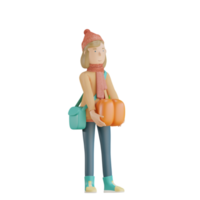 Personnage d'automne 3d tenant un rendu 3d de citrouille png