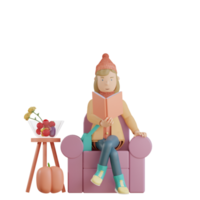 Il personaggio autunnale 3d si siede sul divano e legge un libro rendering 3d png