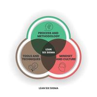 A Lean Six Sigma analysis venn diagram has 3 steps such as process and methodology, tools and techniques, mindset and culture. Business infographic presentation vector for slide or website banner.