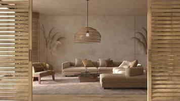 Modern interior japandi style design livingroom. Scandinavian apartment with wooden furniture. High quality footage 4K. 3d render illustration video. video