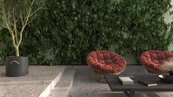 mínimo moderno interior design escandinavo sala de estar e terraço interior. parede verde e plantas. 3d render ilustração cena de animação de vídeo 4k. video