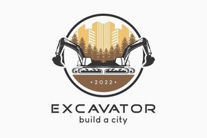 Excavator logo design with an excavator silhouette combined with a building icon and a cypress tree in a circle, vector illustration of an excavator building a city with a creative concept.