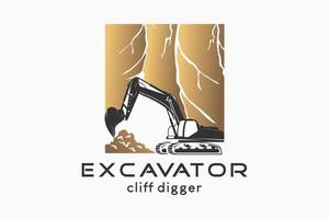 diseño del logotipo de la excavadora con una silueta de excavadora combinada con un icono de acantilado, ilustración vectorial de una excavadora de excavación de acantilados con un concepto creativo. vector