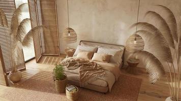 estilo boho escandinavo en el interior de una casa de campo. dormitorio beige con muebles de madera natural. material de archivo de alta calidad 4k 3d renderizar video de ilustración.