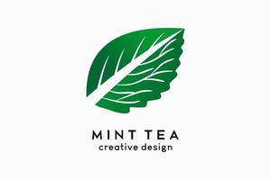 Mint tea logo design, tea leaf icon combined with mint leaf icon in one leaf concept. Vector logo illustration for beverage or herbal business.