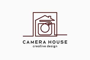 Camera house logo design, camera icon blends with house icon in a continuous line art concept vector