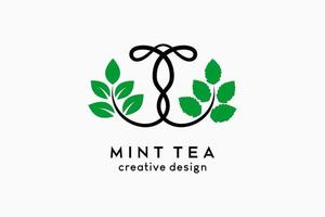 Mint tea logo design, tea leaf icon combined with mint leaf icon in a creative concept. Vector logo illustration for beverage or herbal business.