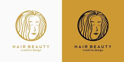 diseño del logo de la peluquería, belleza del cabello o cuidado del cabello, cara de mujer de pelo largo con concepto dibujado a mano en círculo vector