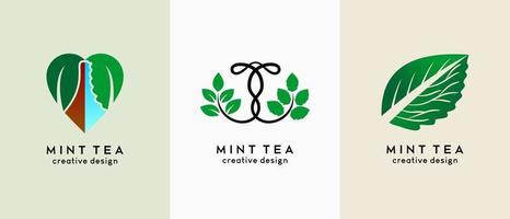 una colección de diseños de logotipos de min tea con conceptos creativos, dos tés combinados con hojas de menta vector