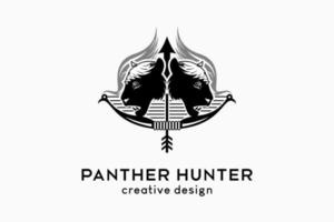 Panther hunter logo design or animal hunter logo, the silhouette of a panther head combined with a bow and a bird icon with a creative concept vector
