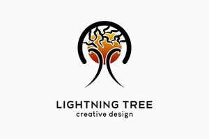 diseño del logotipo del árbol relámpago combinado con un icono de sol o luna con un concepto creativo vector