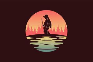 diseño de paisaje nocturno para logotipos de aventura, senderismo o camping. silueta de mujer aventurera se mezcla con la ilustración de vector de paisaje nocturno.