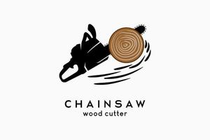 Logo design of a logger or sawmill logo, a chainsaw silhouette combined with a deep cut tree icon in a creative concept vector