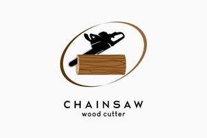 Woodcutter or sawmill logo design, chainsaw silhouette combined with tree cut icon in an oval vector