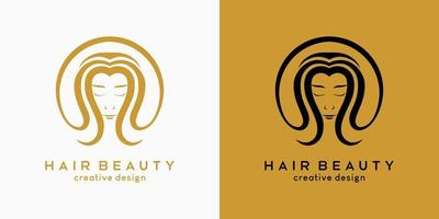 Hair salon logo design, hair beauty or hair care, woman face with hair in hand drawn concept in circle vector