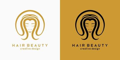 diseño del logo de la peluquería, belleza del cabello o cuidado del cabello, cara de mujer con cabello en concepto dibujado a mano en círculo vector