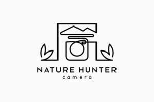 Nature hunter camera logo design, camera icon combined with mountain and leaf icon in continuous line art concept vector