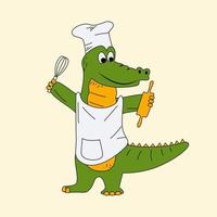 vector illustration of a cook crocodile in a chefs cap and apron mascot hold in hands rolling pin and whisk, kind alligator